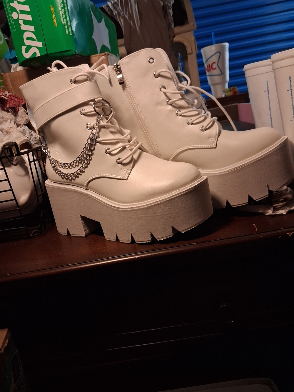 Chunky Platform Lace-Up Ankle Boots with Chain Accent - Bright White Size 9